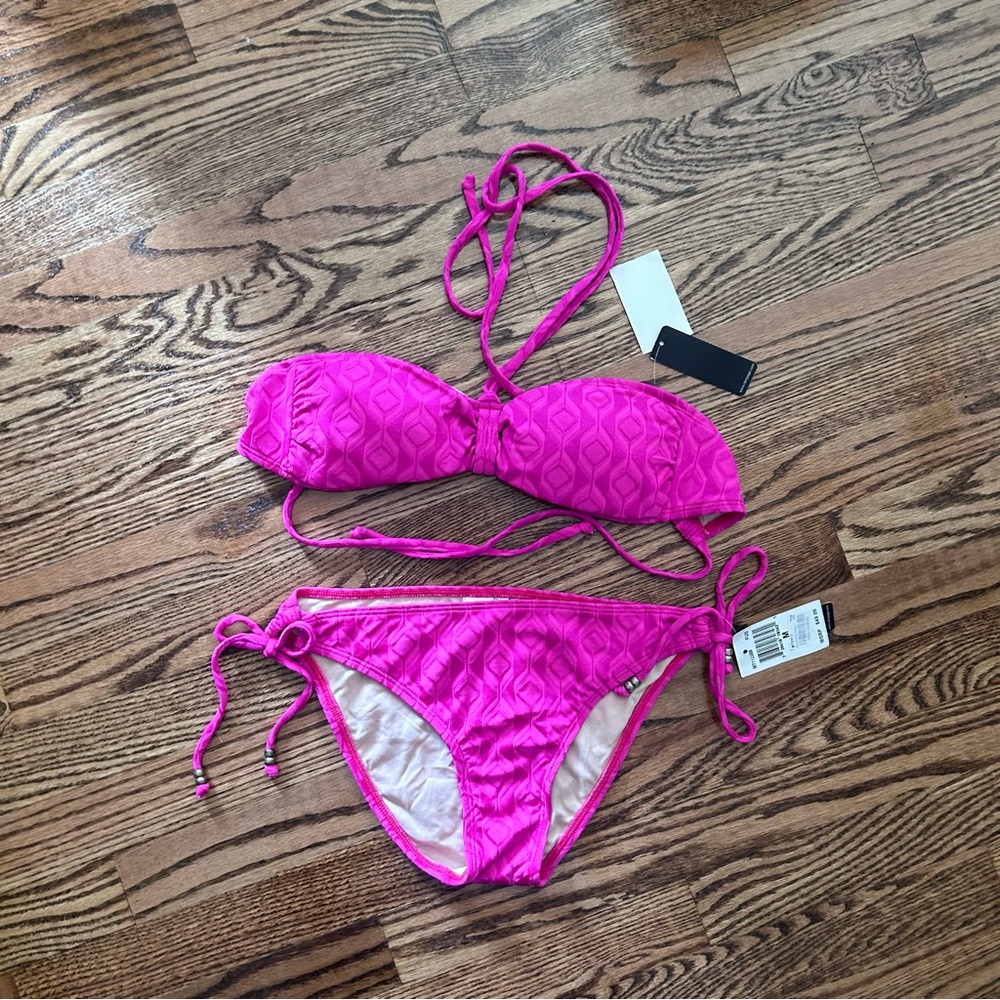 Rampage NWT medium bikini fuchsia magenta textured print bandeau ties